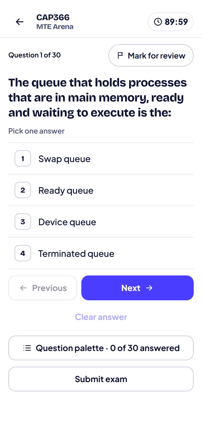 The Arena mock exam screen with a timer and question count