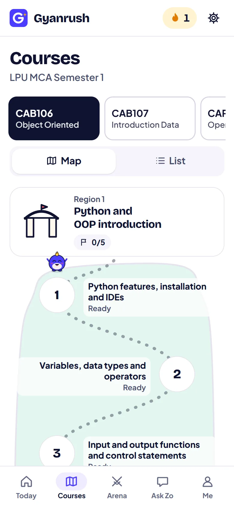 A course map with units as islands and cleared topics marked