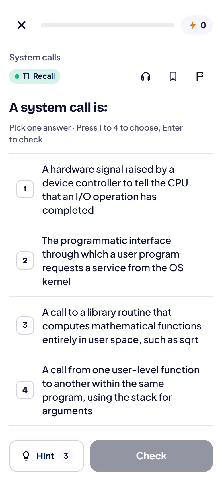 A question in a run with four options, a hint button and the check button